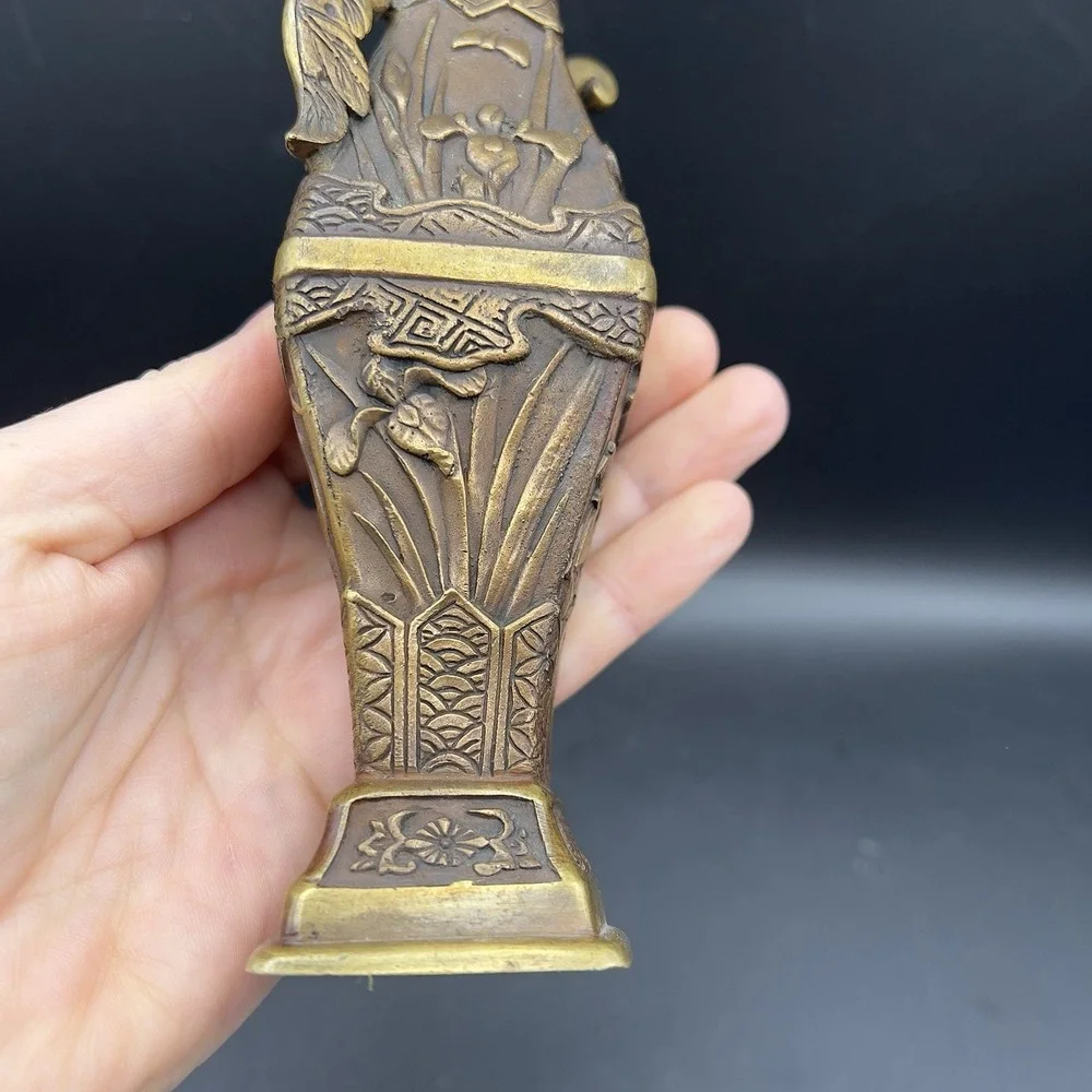 Vintage Chinese Brass Carving Vase Flowers Iris Morning Glory 6